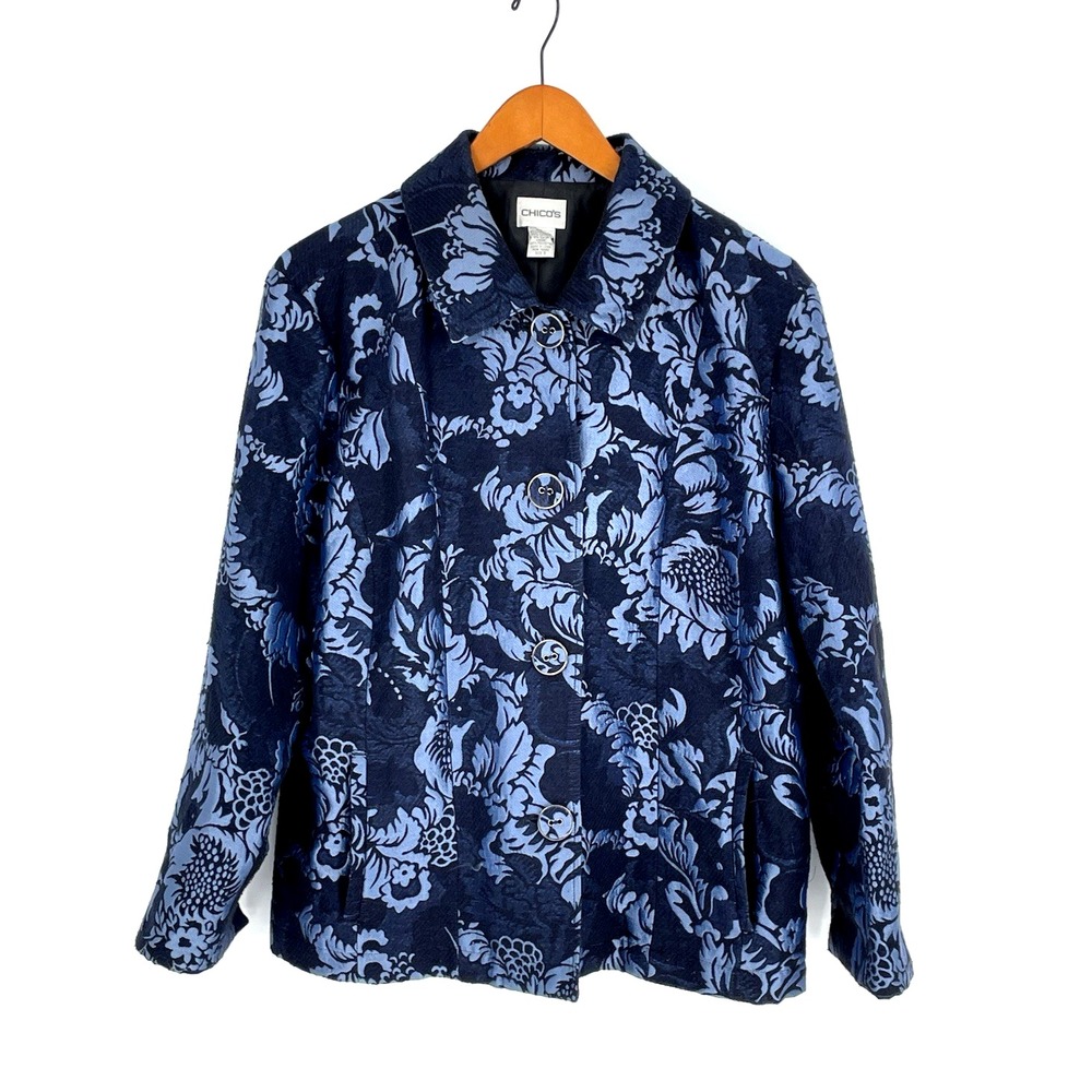 Chicos Womens Size 3 L/XL Jacket Blue Floral Button Down Lightweight Lined